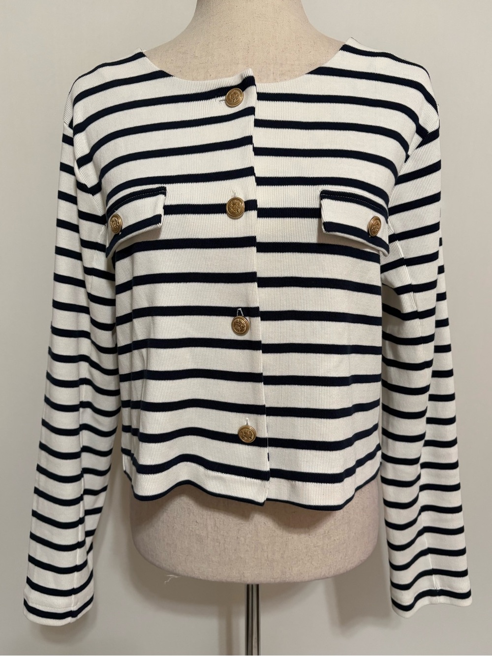 Ann Taylor Striped Navy & White Cropped Cotton Nautical Cardigan Size Large